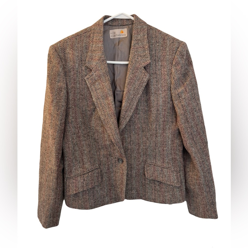 Vintage Liz Claiborne Herringbone Tweed Wool Blazer Brown Preppy Size 12